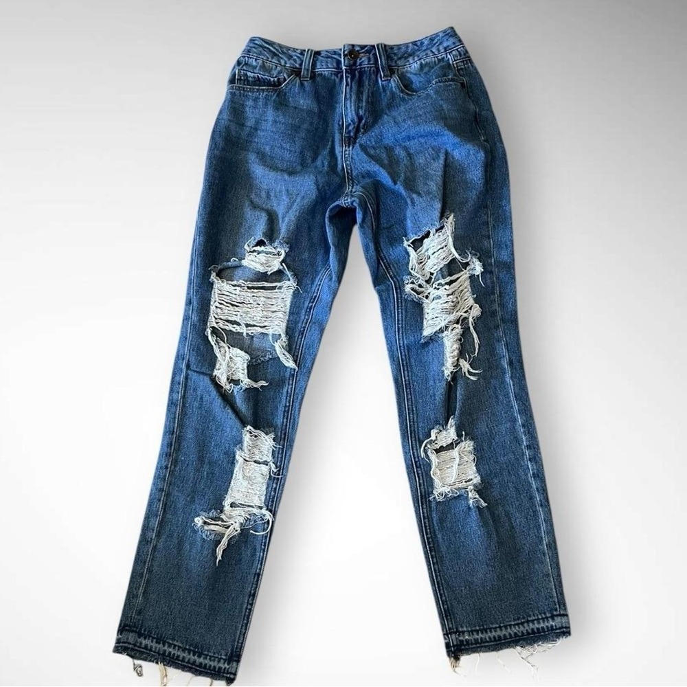 EMPYRE Eileen Mom Mid-Rise Distressed Jeans & Unfinished Leg Cuffs Size 3 |‎ EUC